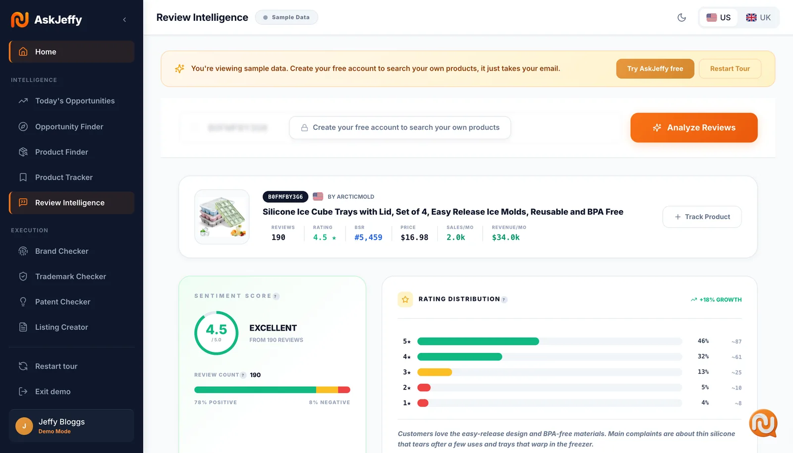 The AskJeffy live demo on sample data, open on Review Intelligence for the ArcticMold Silicone Ice Cube Trays: product header, sentiment score and rating distribution